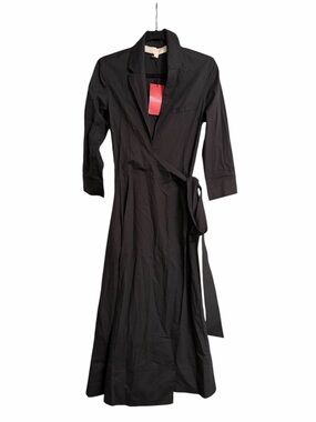 By any Other Name Black 3/4 Sleeve Wrap Around Shirtdress in Poly Poplin